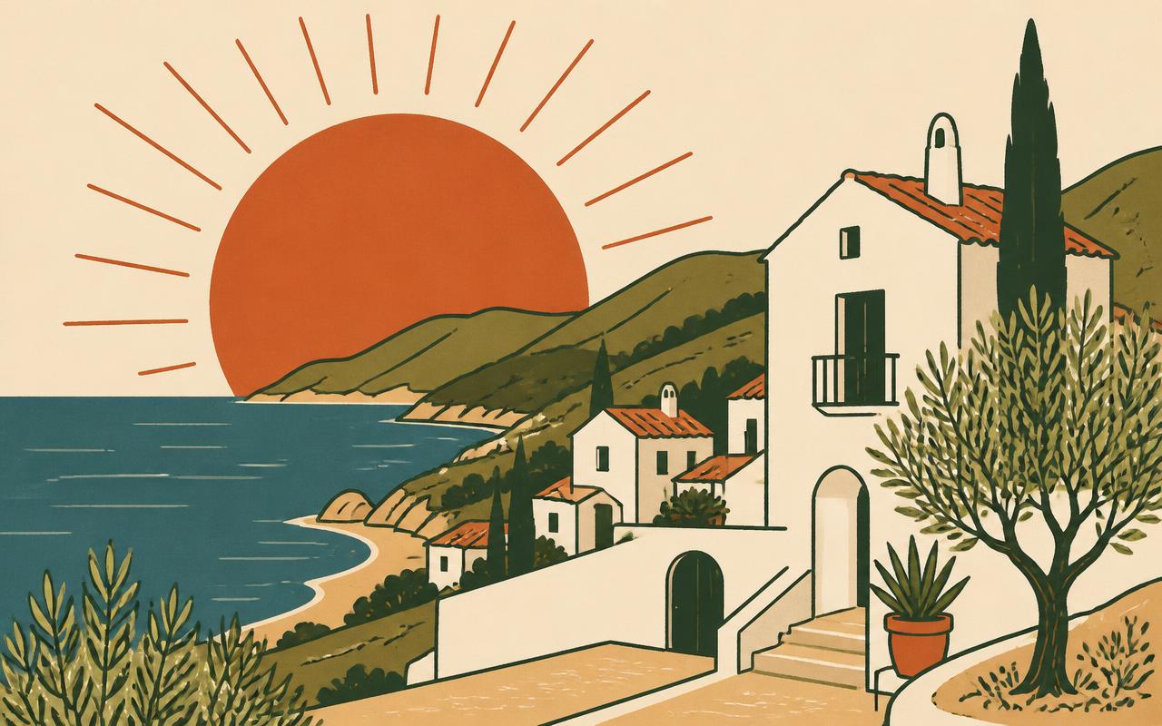 Illustratie van een zonsondergang boven een Spaanse kustplaats